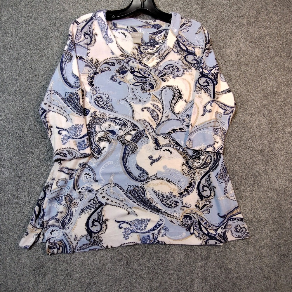 Chicos Pima Cotton Side Button Paisley Tunic Top Size 1 M Blue Womens Long Slve